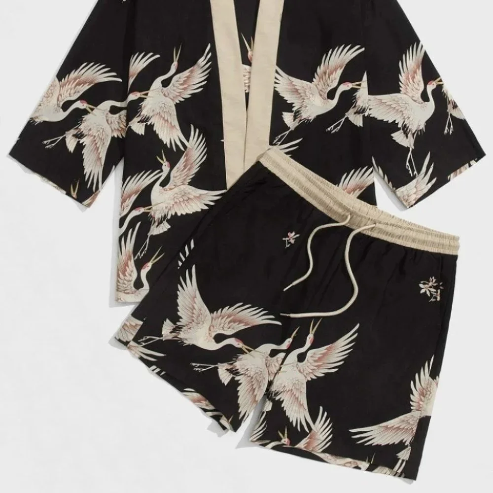 Casual Men's Crane Print Shirt & Set - Picture 3 of 6